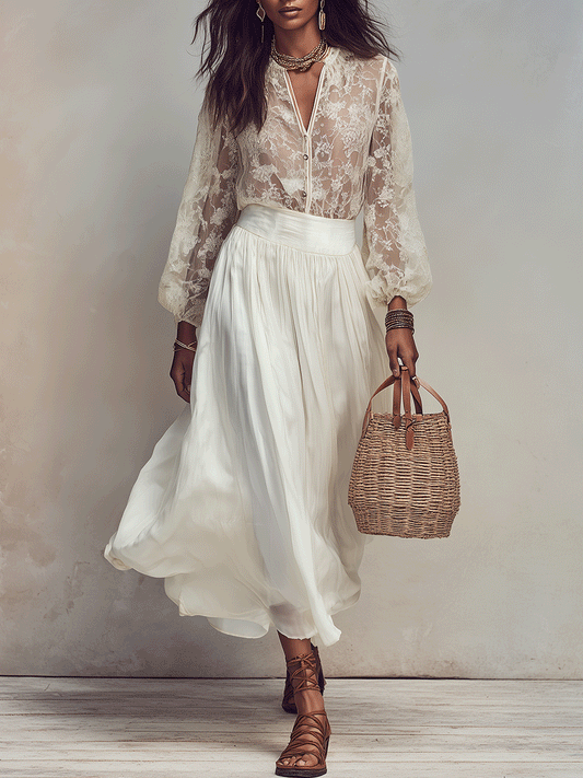 Effortless Romantic Vacation Cream White Chiffon Skirt Set