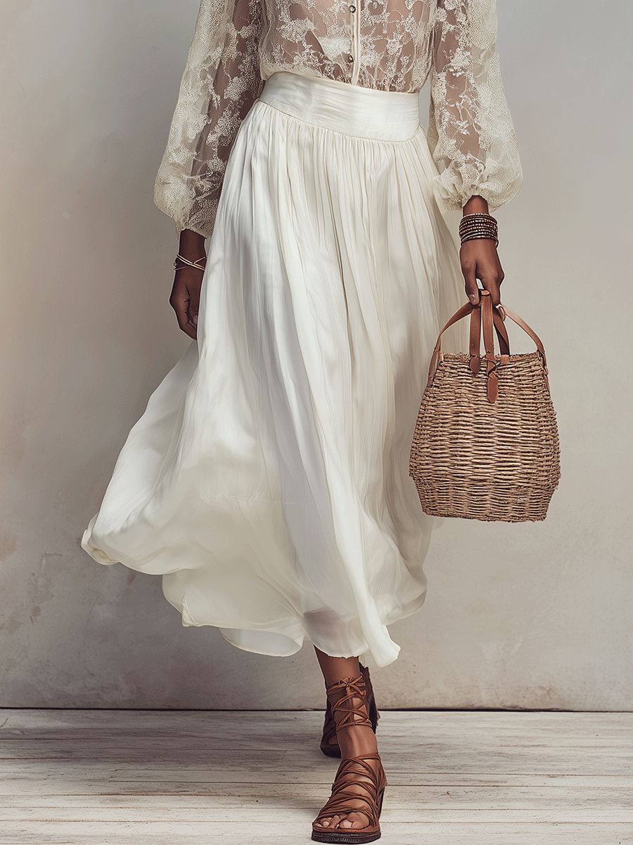 Effortless Romantic Vacation Cream White Chiffon Skirt Set