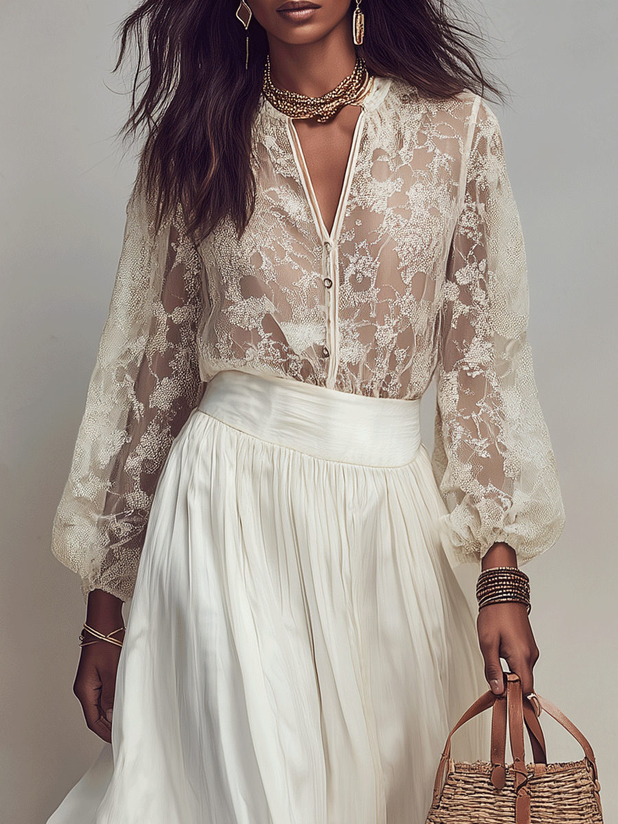 Effortless Romantic Vacation Cream White Chiffon Skirt Set