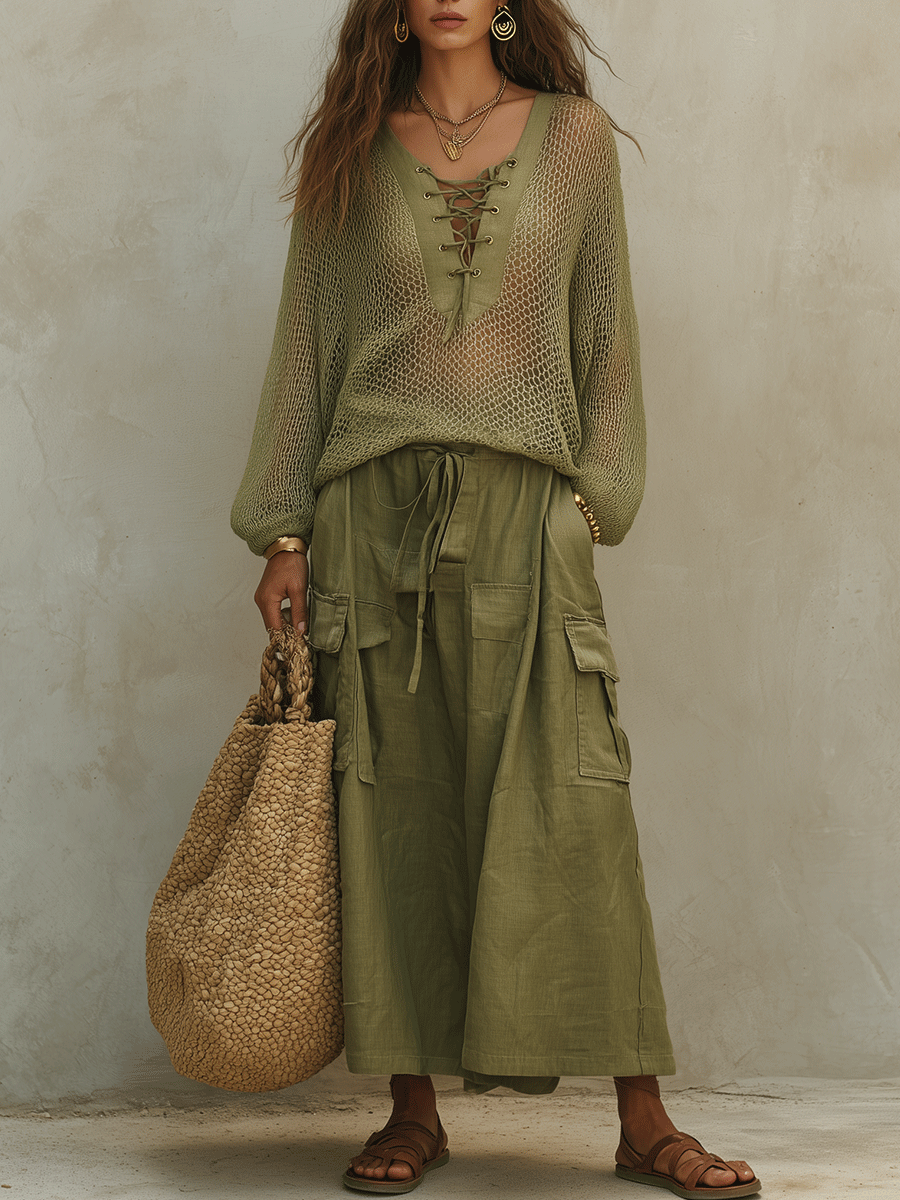 Bohemian Open-Knit Resort Olive Green Top