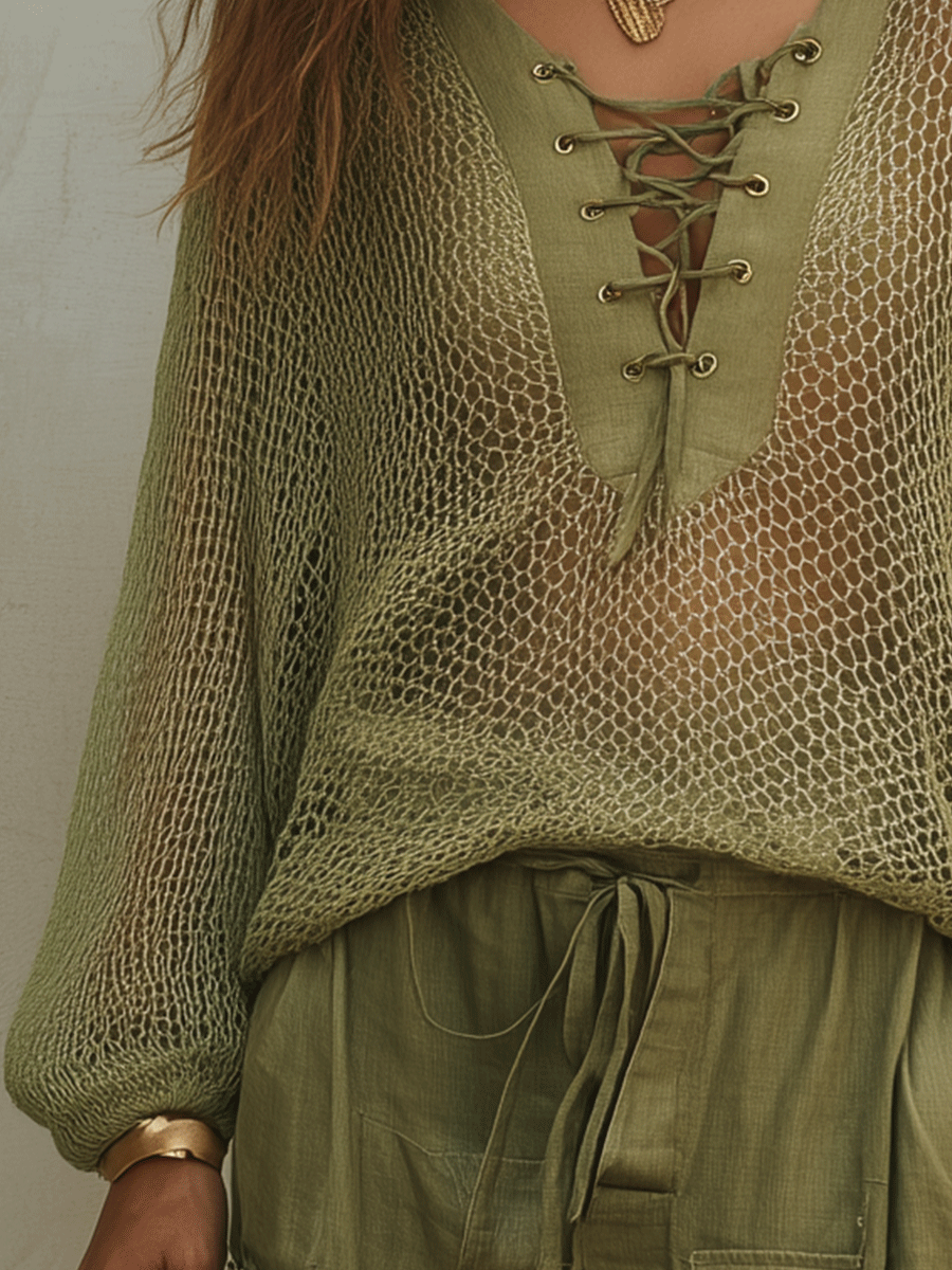 Bohemian Open-Knit Resort Olive Green Top