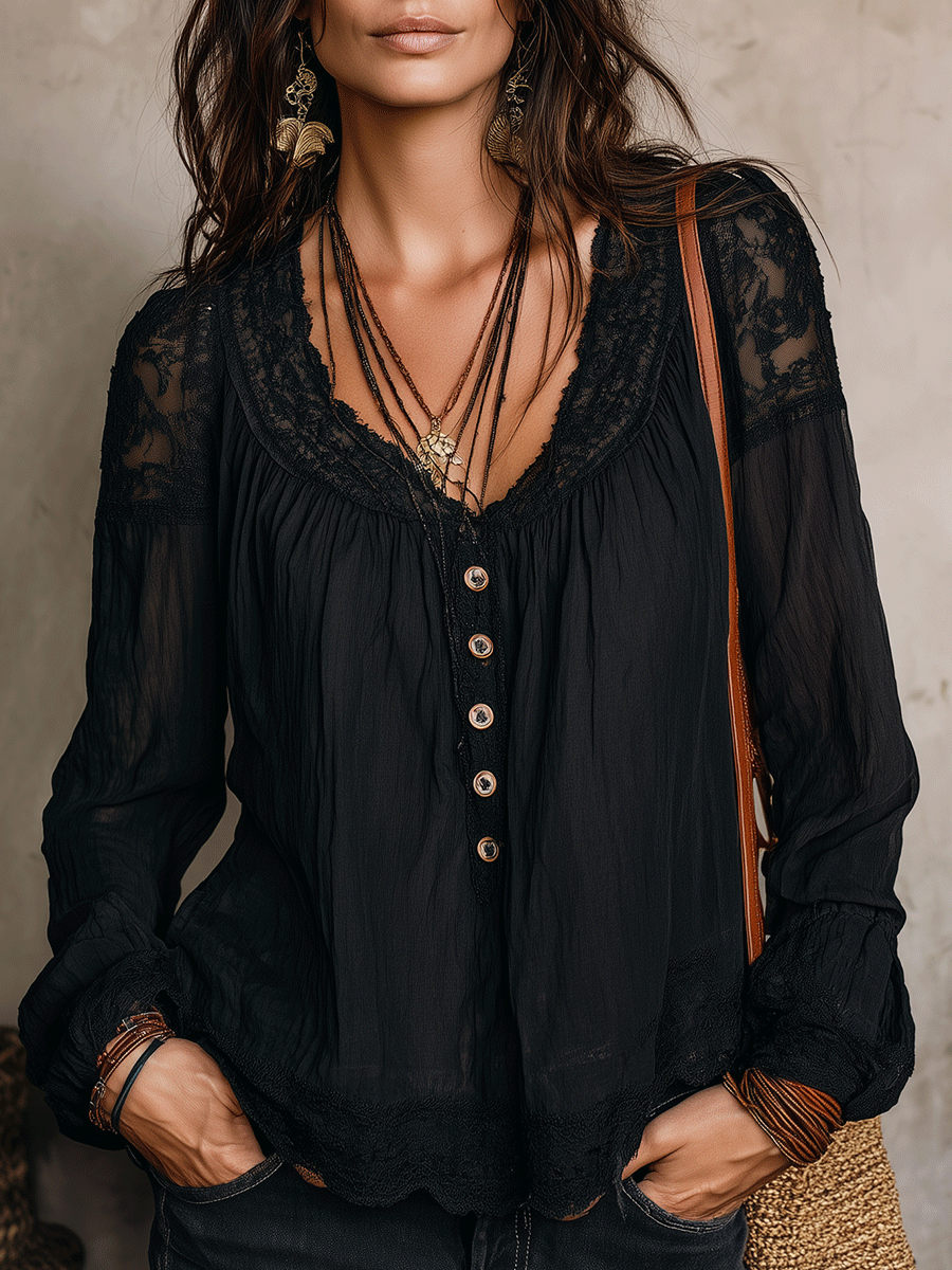 Bohemian Black Lace Bell Sleeve Blouse