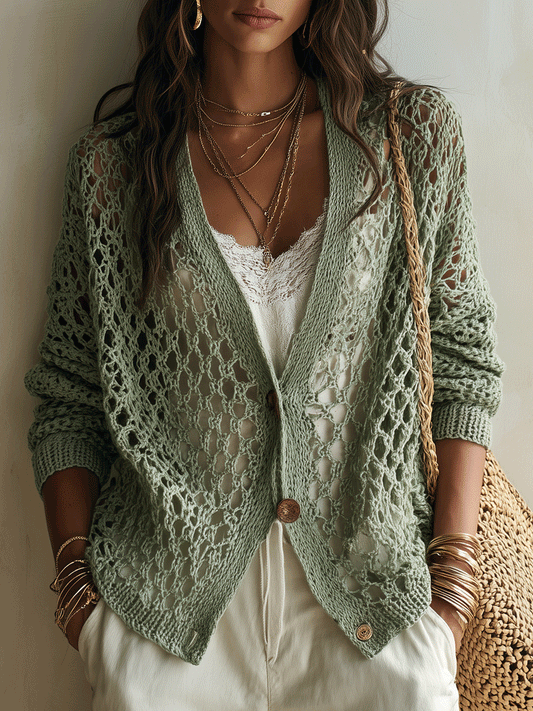 Elegant Vacation Sage Lace Knit Button-Front Cardigan