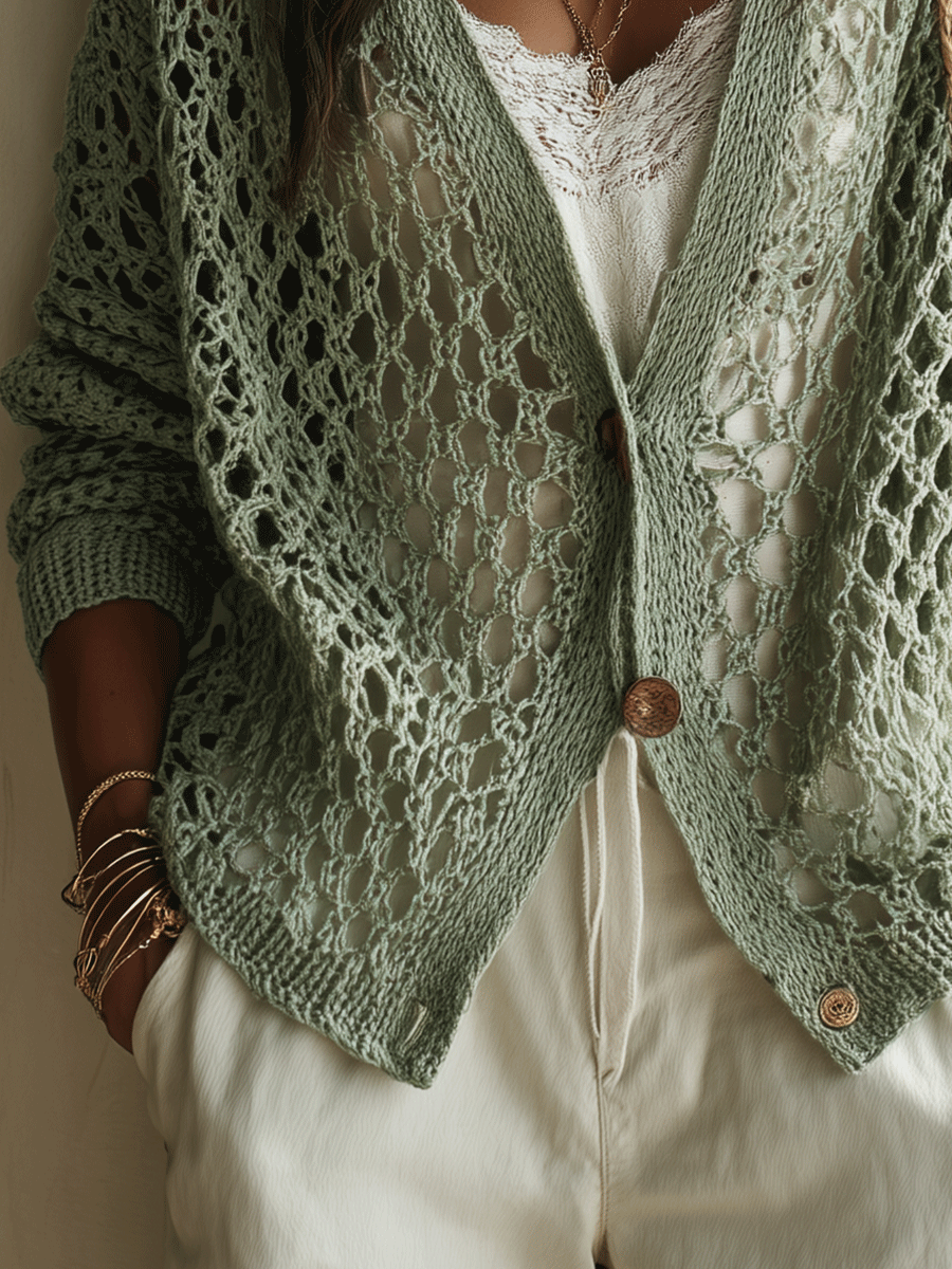 Elegant Vacation Sage Lace Knit Button-Front Cardigan