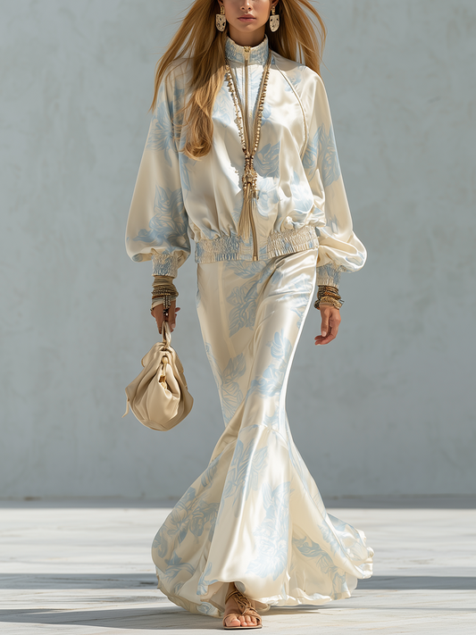 French-style Elegant Cream White And Blue Printed Satin Suit