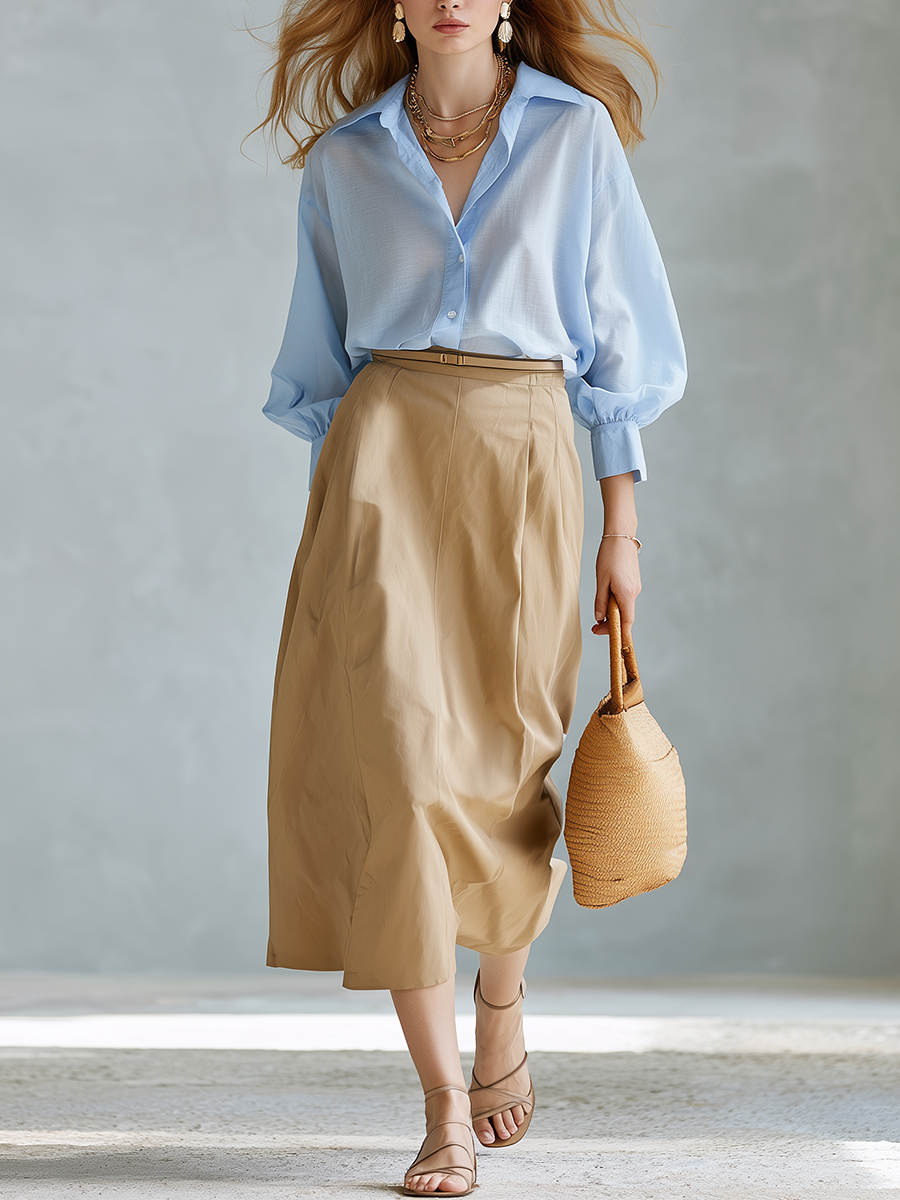 Light Blue Cotton-linen Top And Khaki Skirt Set