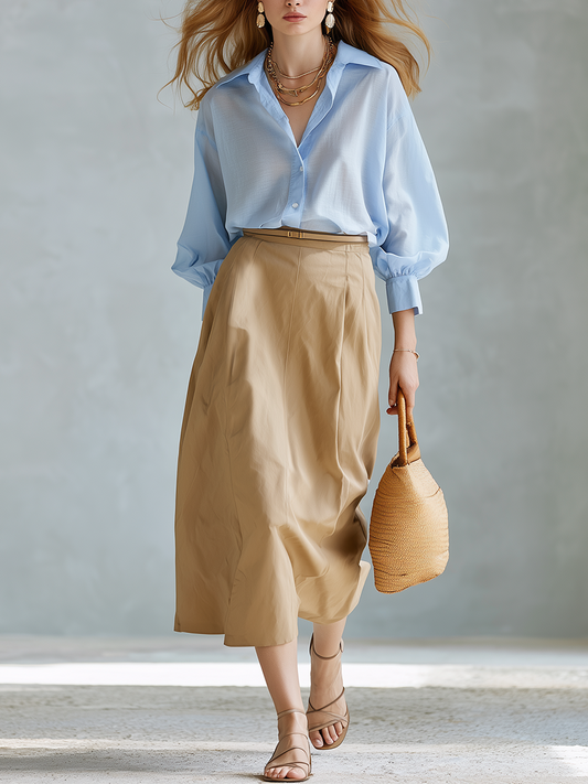 Light Blue Cotton-linen Top And Khaki Skirt Set