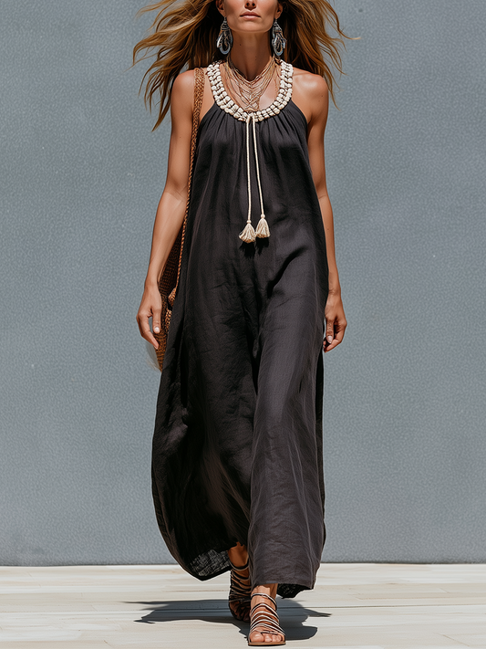 Resort Style Dark Brown Linen Tassel Maxi Dress