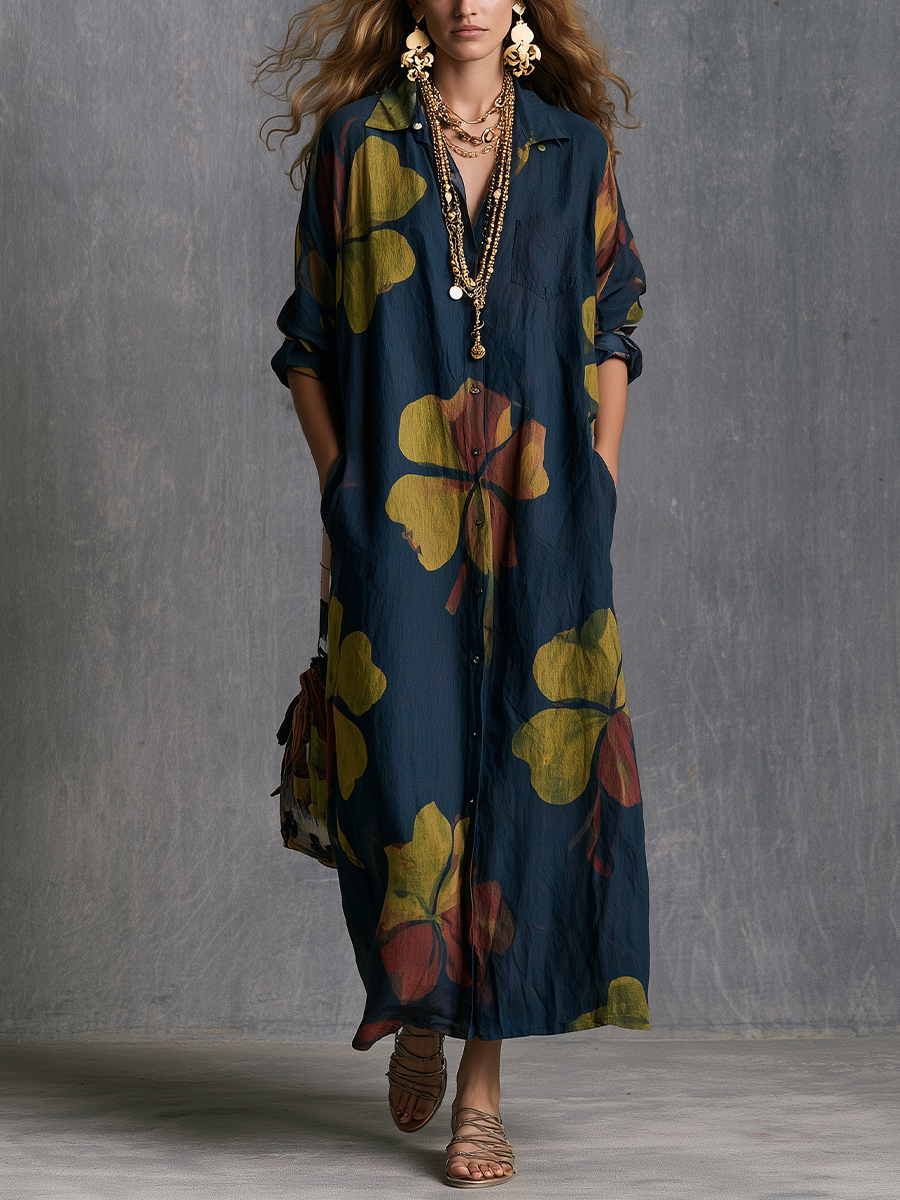 Bohemian Navy Blue Printed Shirt Dress