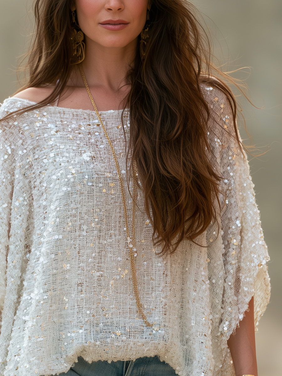 Bohemian Style White Sequined Tweed Top