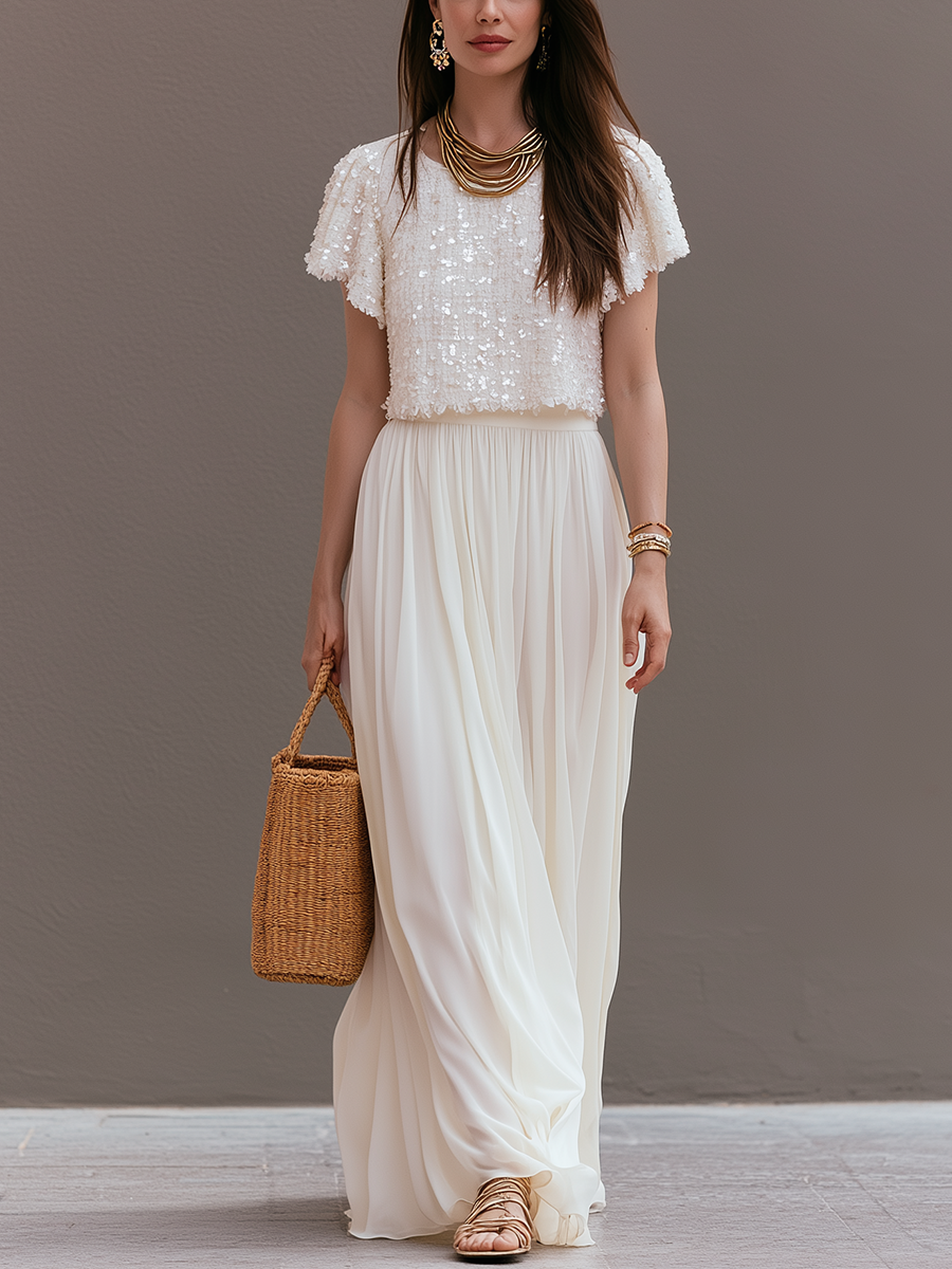 Exquisite Sequined Top And Flowing Chiffon Maxi Skirt