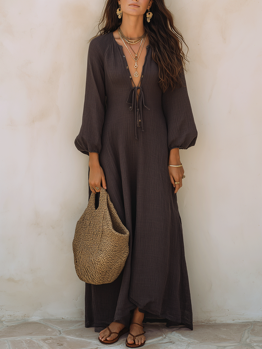 Effortless Coastal Elegance Chocolate Brown Flowing Boho Maxi Dress