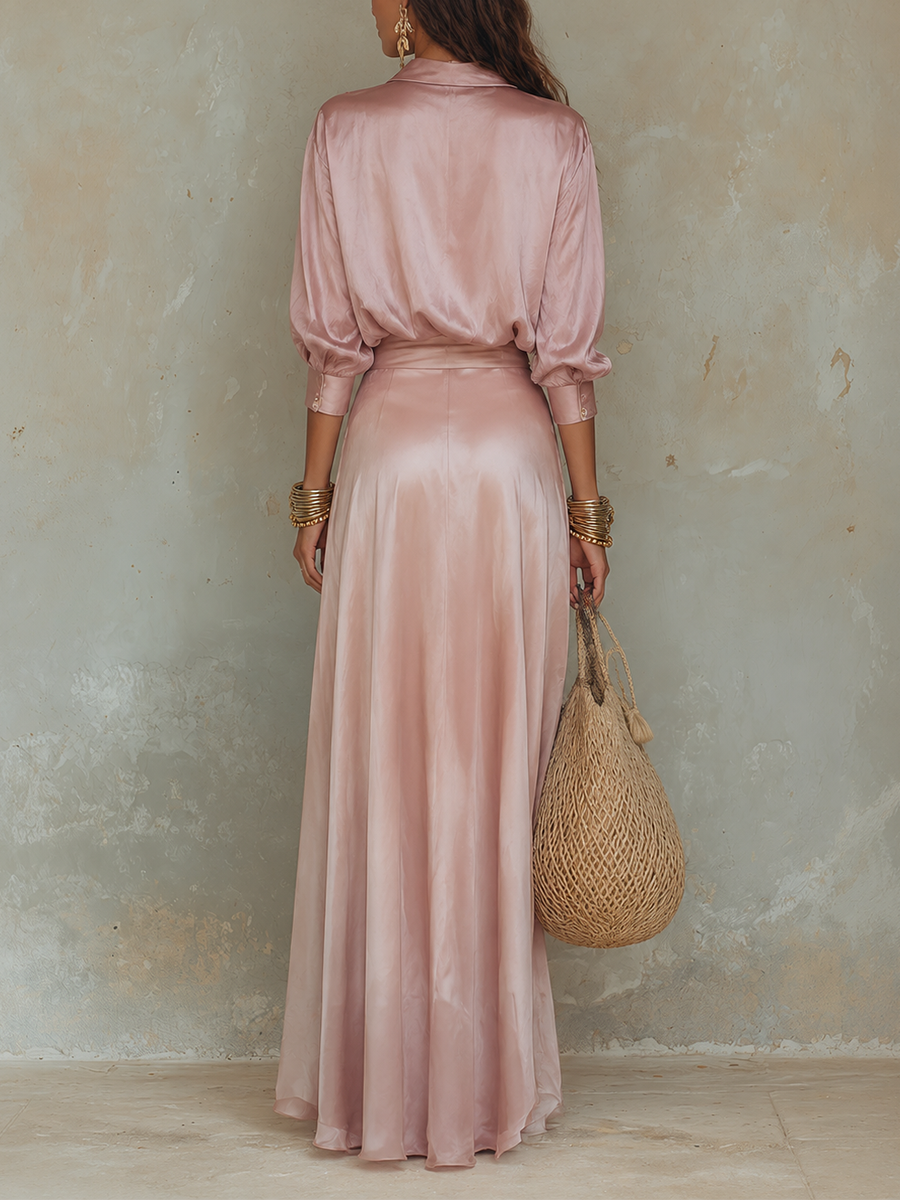 Rose Glow Satin Ensemble – Draped Silhouette Statement Style For Modern Resort Wear Maxi Dress