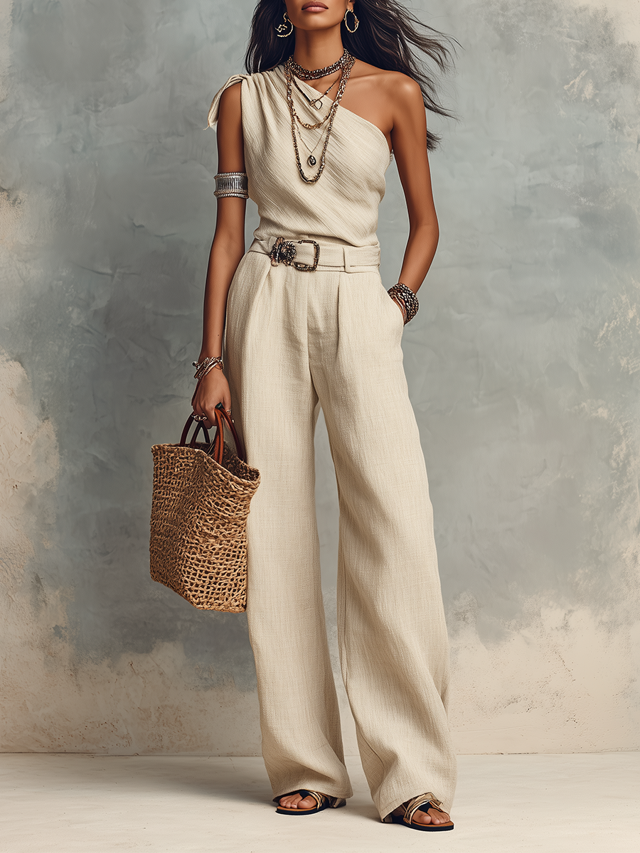 Ivory One-Shoulder Linen Top & Wide-Leg Pants Set – Minimal Resort Elegance Trouser Suit