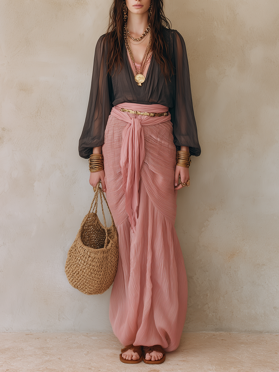 Boho Luxe Ensemble With Deep V Sheer Top & Flowing Pink Skirt – Feminine Resort Style Maxi Skirt
