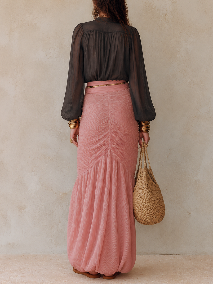 Boho Luxe Ensemble With Deep V Sheer Top & Flowing Pink Skirt – Feminine Resort Style Maxi Skirt