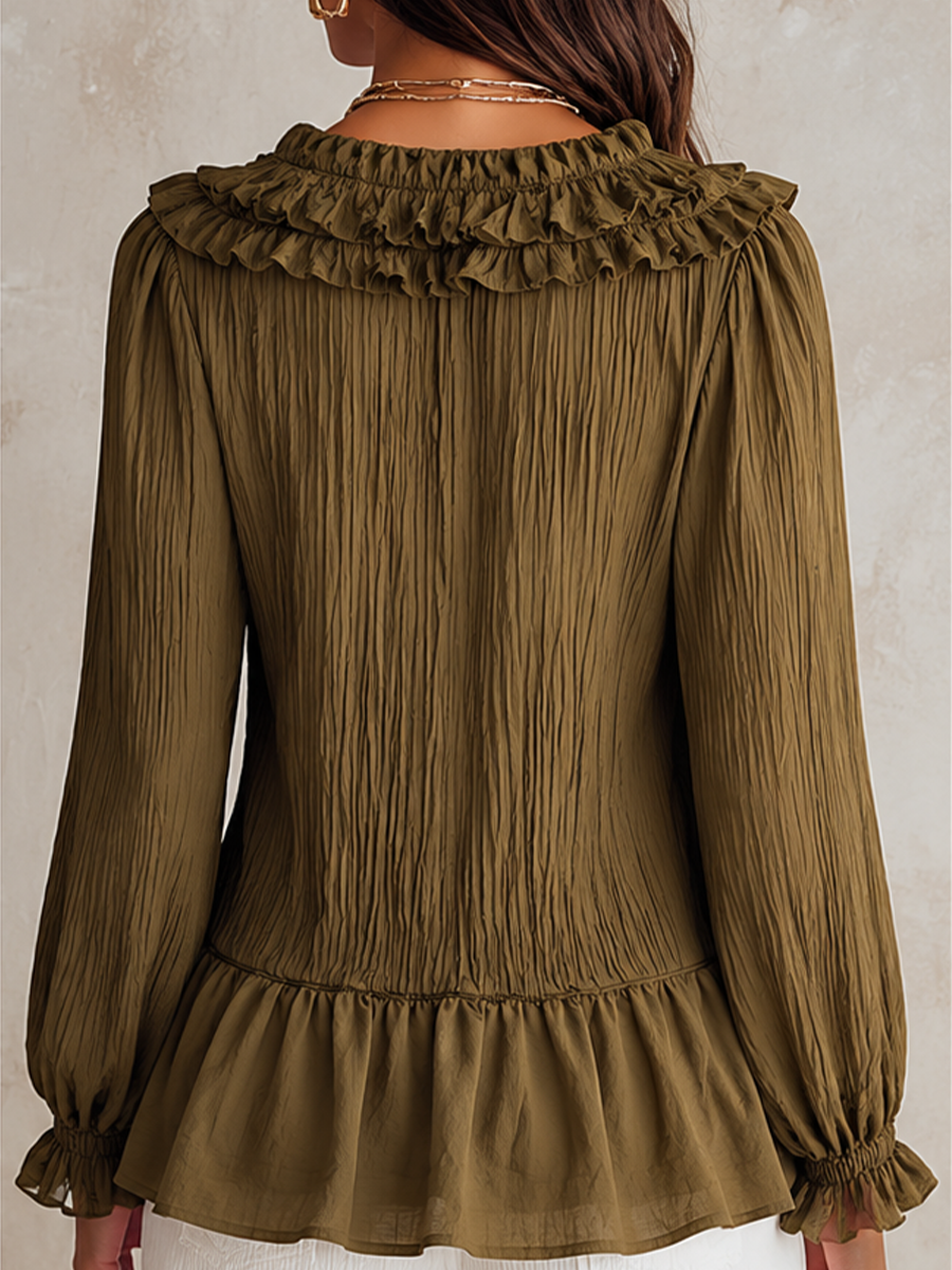 Olive Ruffle Collar Button Blouse – Effortless Boho Chic Everyday Look Long-Sleeved Shirt