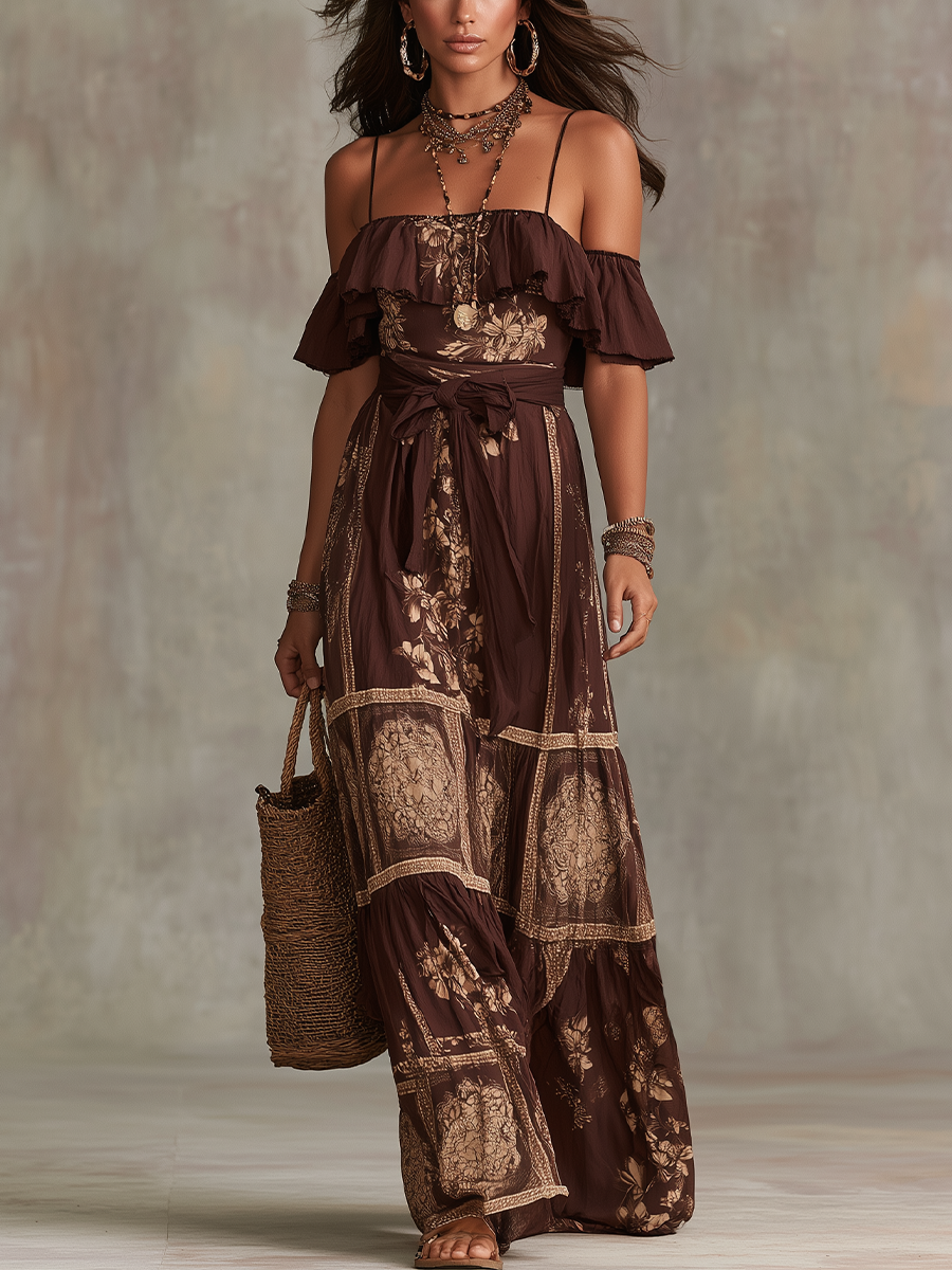 Elegant Chocolate Brown Floral Off-Shoulder Maxi Dress