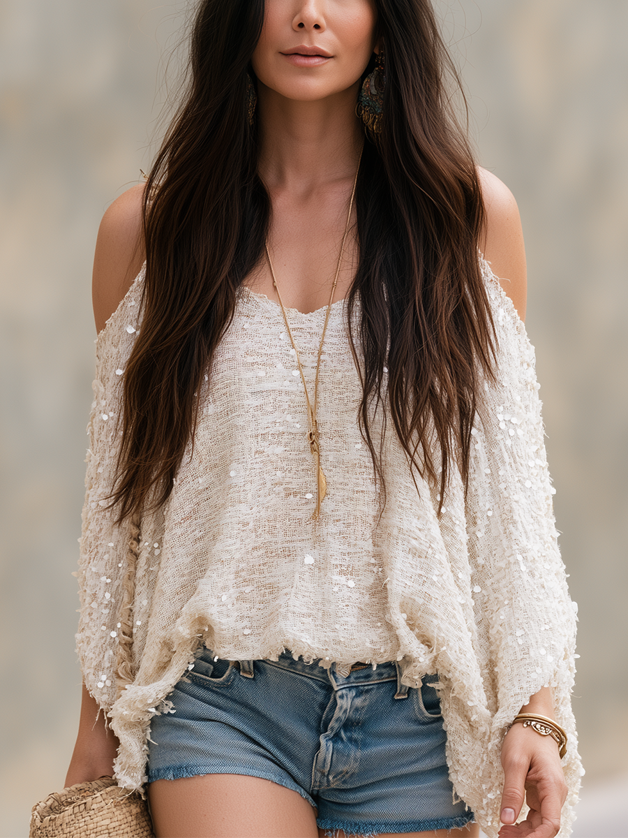 Bohemian Ivory White Sequined Tweed Top
