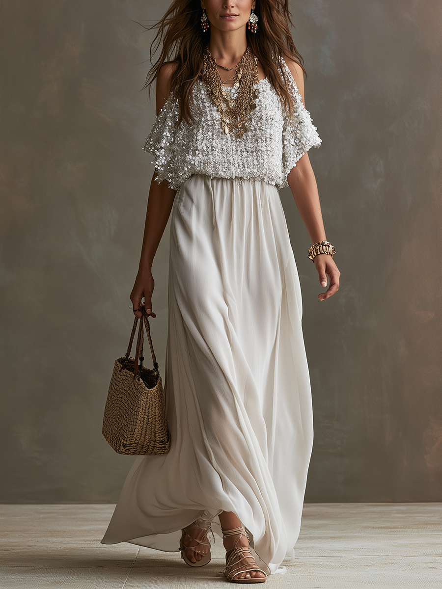 Bohemian White Off-shoulder Sequined Chiffon Maxi Dress
