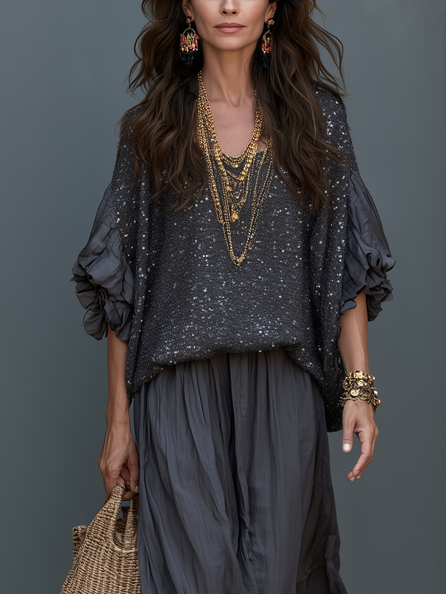 Charcoal Gray Sequined Top And Skirt Set