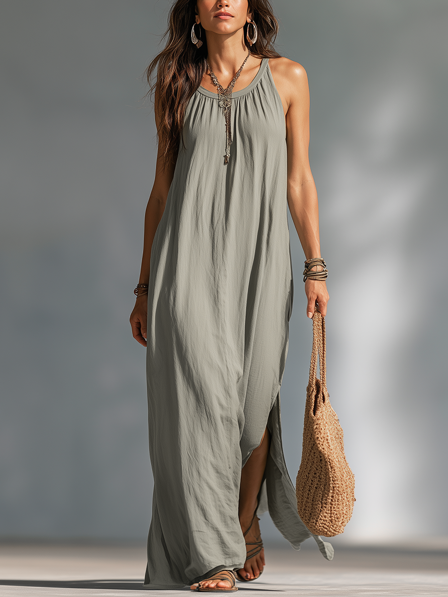 Modern Charcoal Gray Flared Sleeveless Maxi Dress