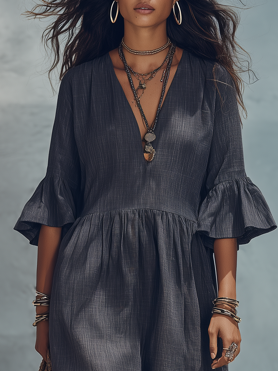 Minimalist Charcoal Blue Draped Flowy Maxi Dress