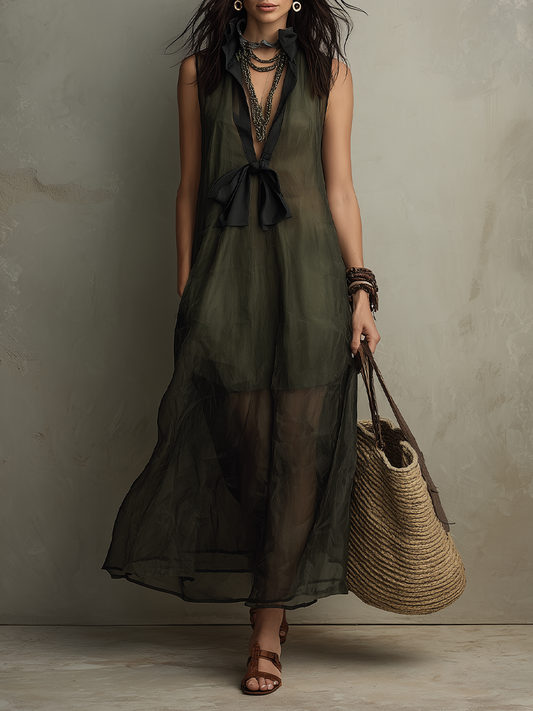 Chic Dark Olive Lightweight Organza Blend Relaxed A-Line Sleeveless Layered Boho Maxi Dress