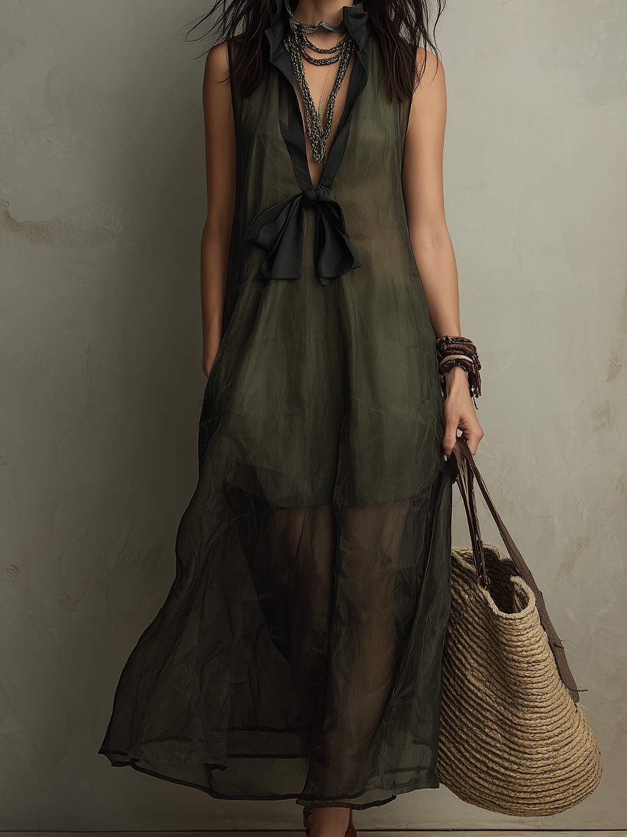 Chic Dark Olive Lightweight Organza Blend Relaxed A-Line Sleeveless Layered Boho Maxi Dress