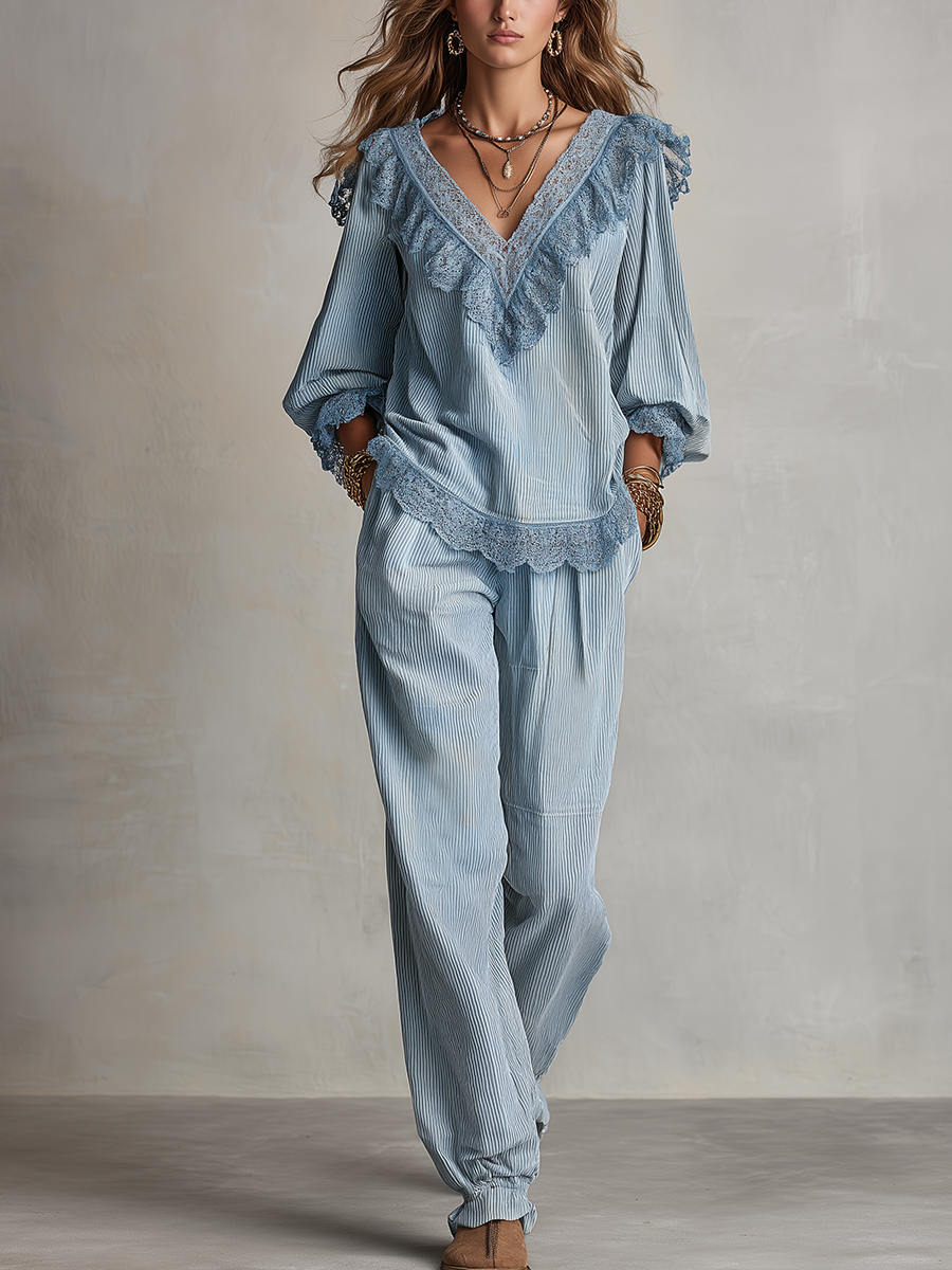 Bohemian Blue Lace Corduroy Suit