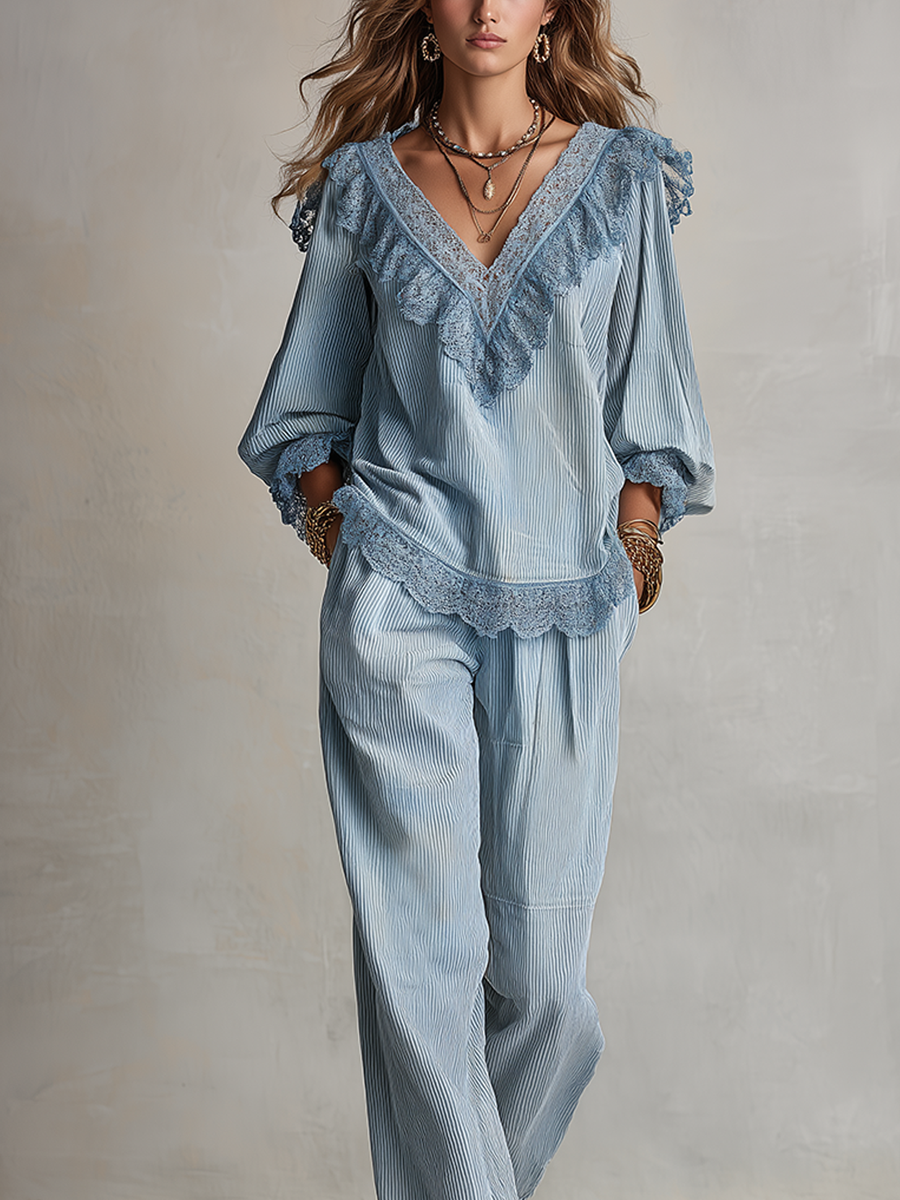 Bohemian Blue Lace Corduroy Suit