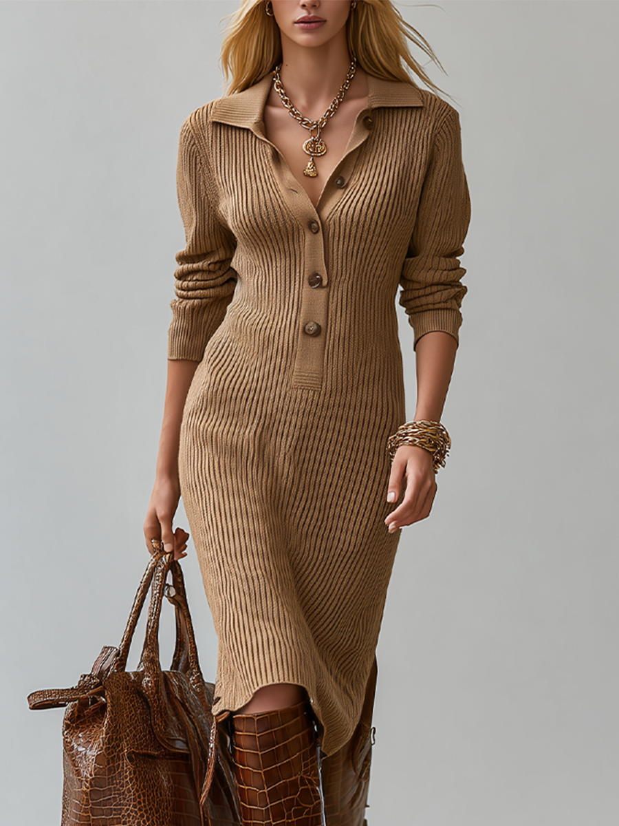 Urban Boho Collared Rib Knit Slit Midi Dress
