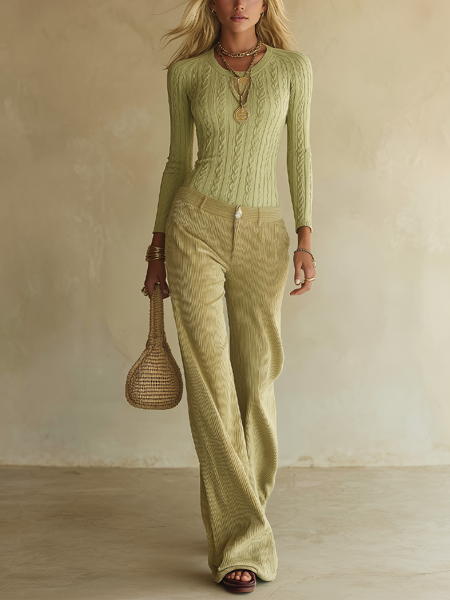 Retro Boho Cable Knit Top & Corduroy Wide Leg Pants Set
