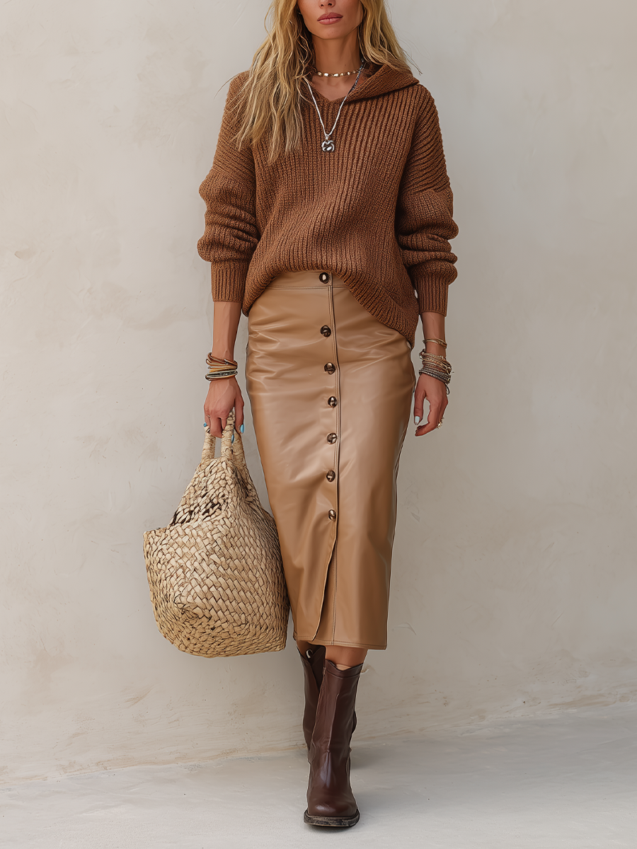 Autumn Chic Ribbed Hoodie Pullover & Button Front Skirt Outfit