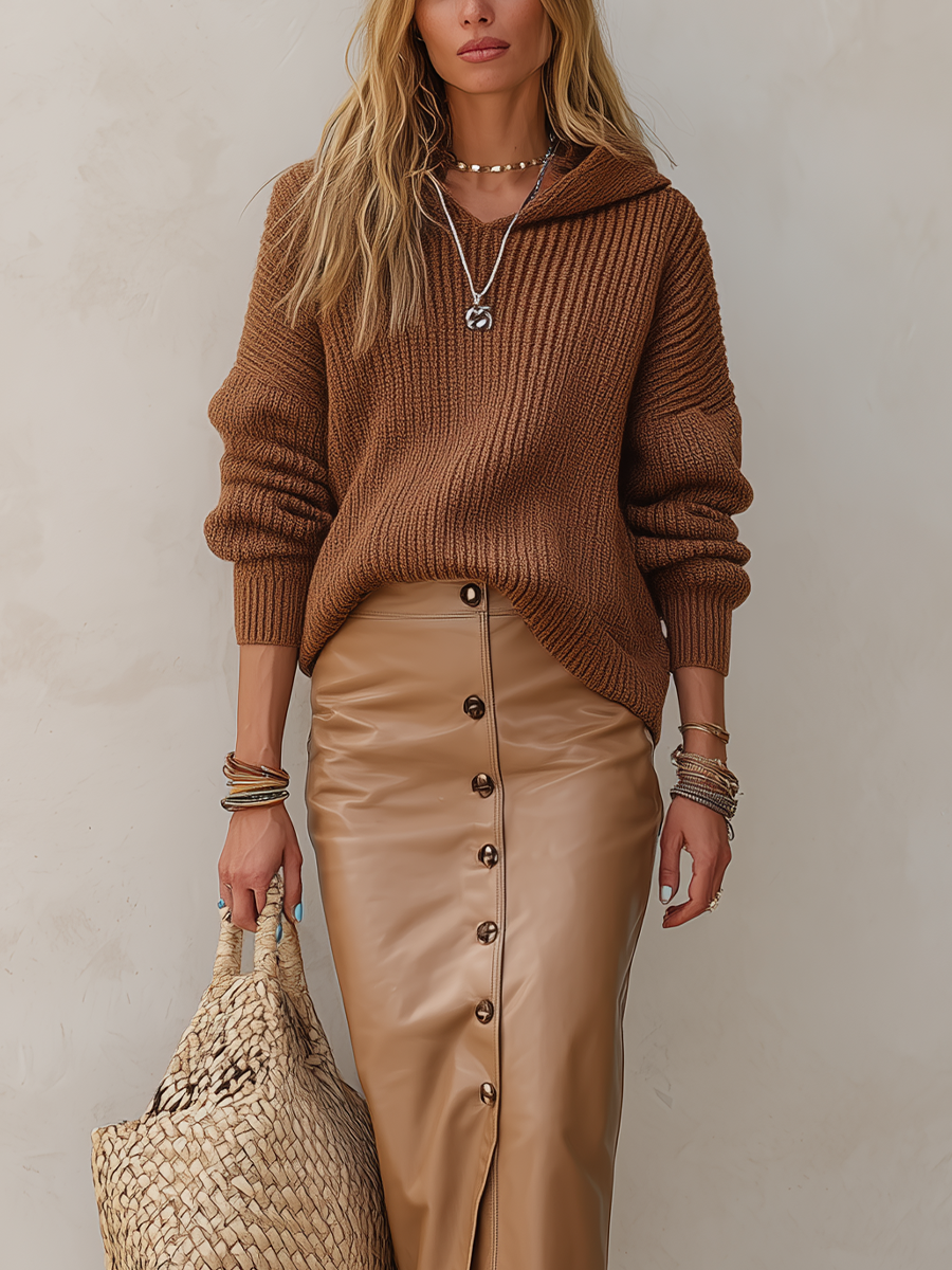 Autumn Chic Ribbed Hoodie Pullover & Button Front Skirt Outfit