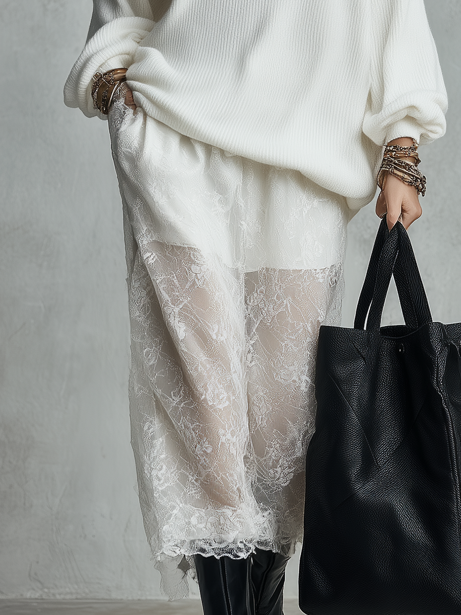 Bohemian Ivory Knit Top And Lace Skirt Set