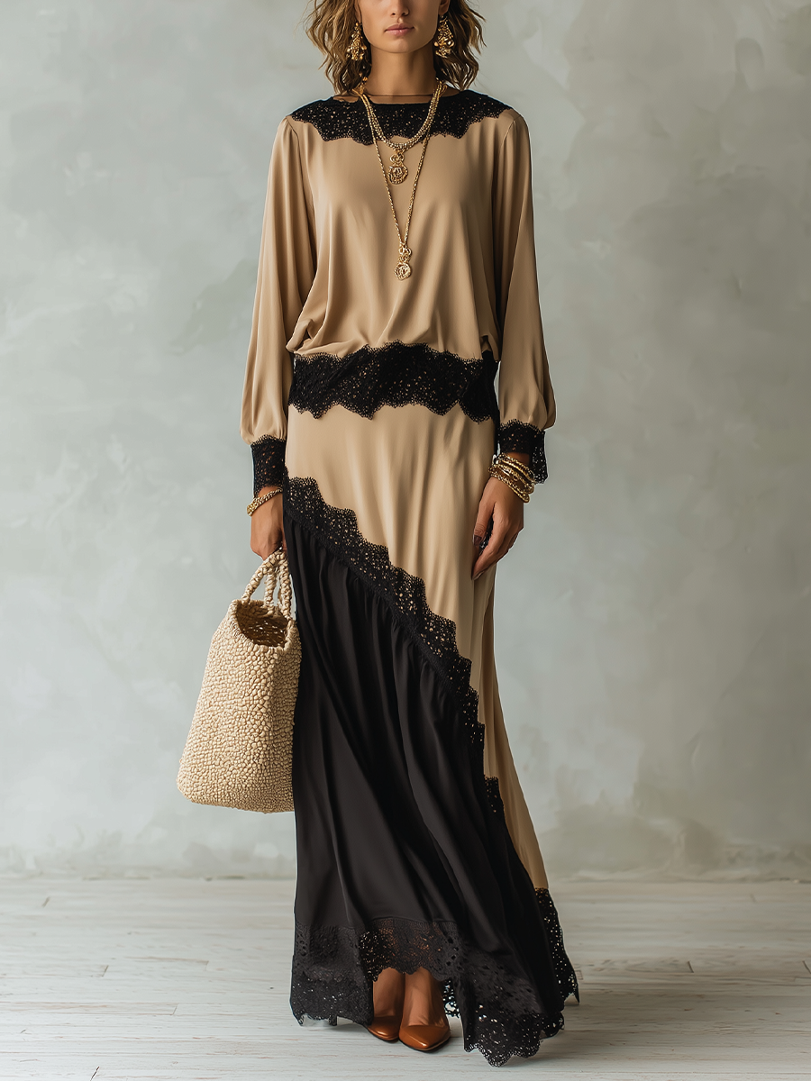 Elegant Beige Colorblock Lace Skirt Set