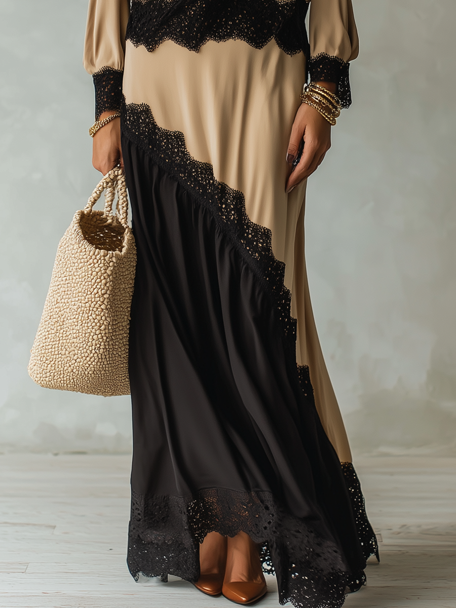 Elegant Beige Colorblock Lace Skirt Set