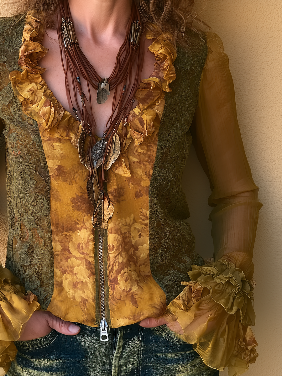 Vintage Boho Lace Panel Chiffon Zip Blouse Top
