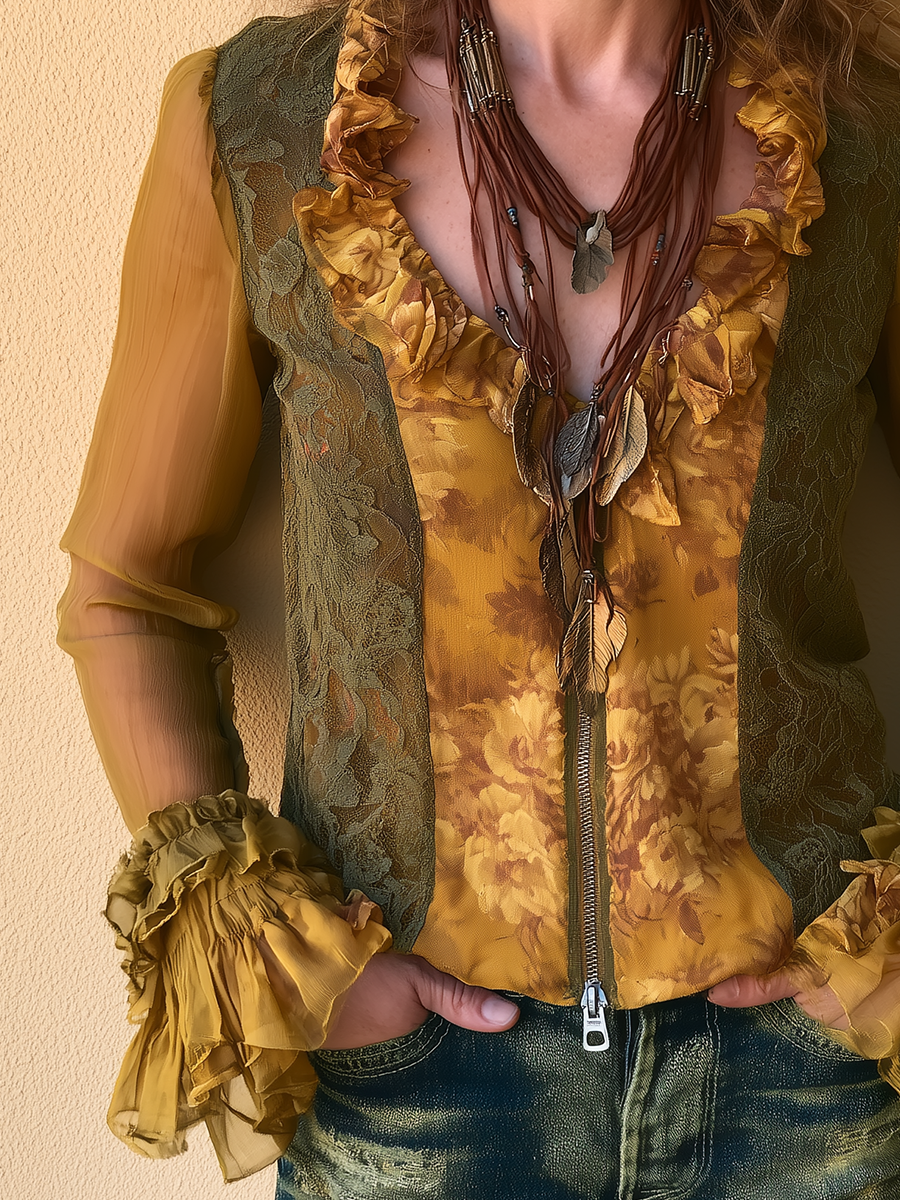 Vintage Boho Lace Panel Chiffon Zip Blouse Top