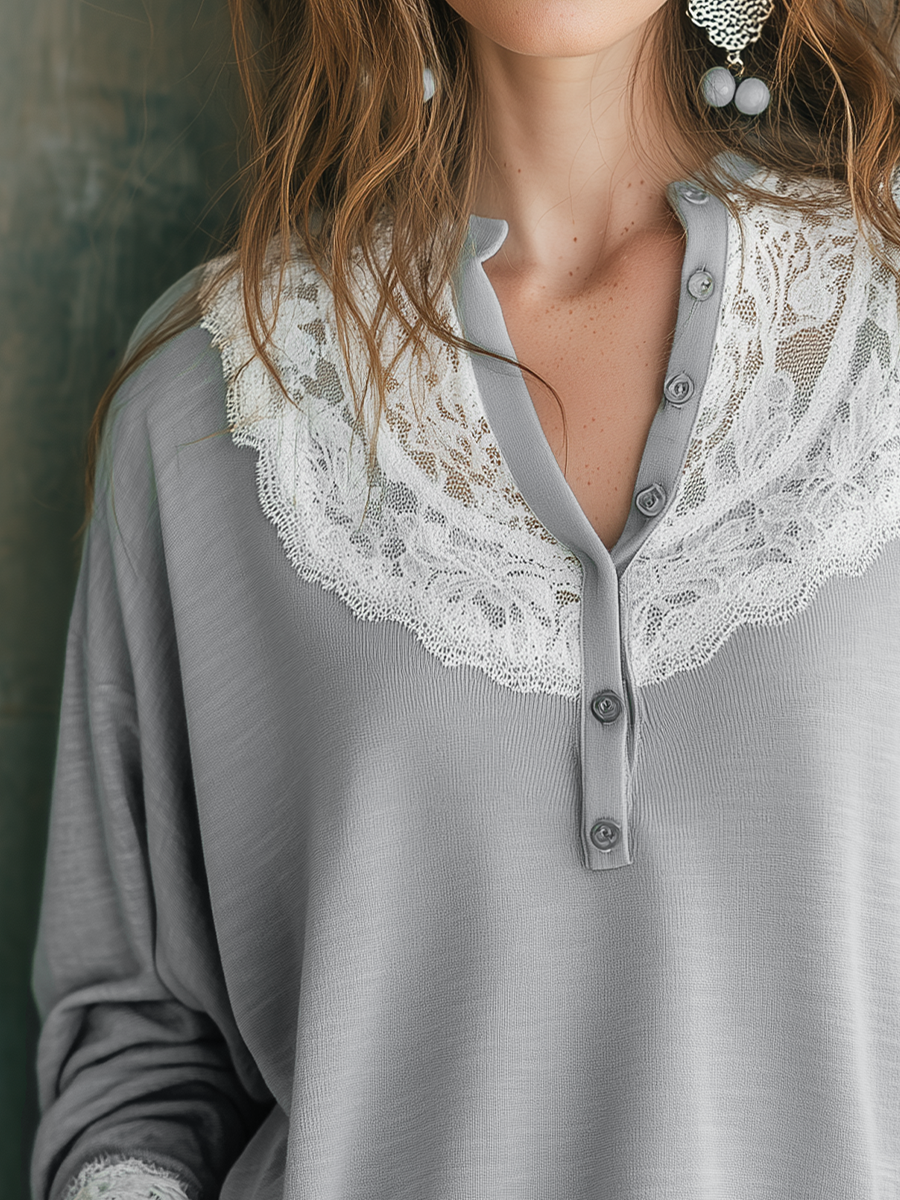 Refined Mist Gray Lace Yoke Blouse