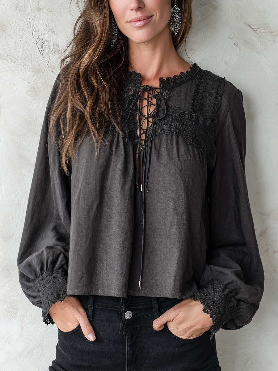 Graceful Black Lace Tie-Neck Blouse