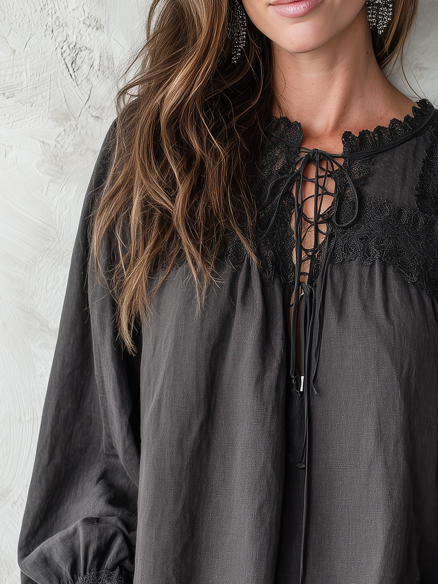 Graceful Black Lace Tie-Neck Blouse