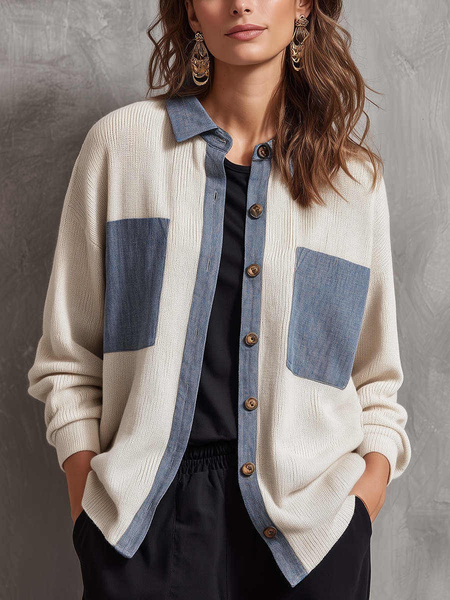 Classic Ivory Colorblock Knit Cardigan