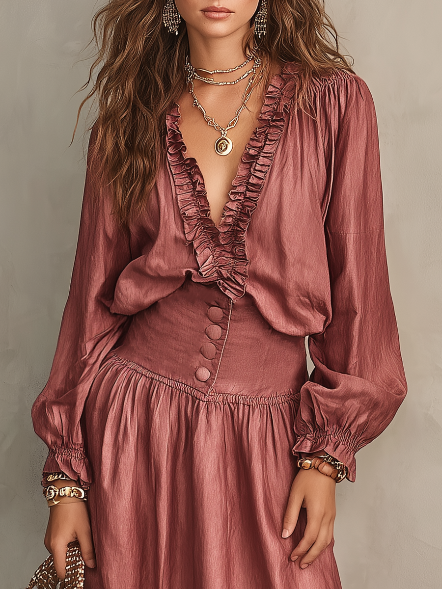 Romantic Rose Ruffle Trim Maxi Dress
