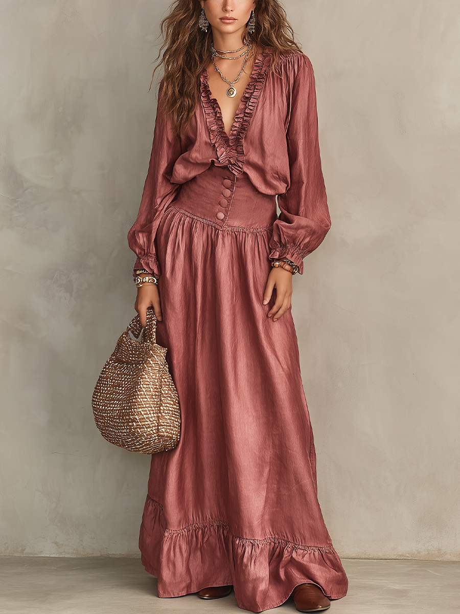 Romantic Rose Ruffle Trim Maxi Dress