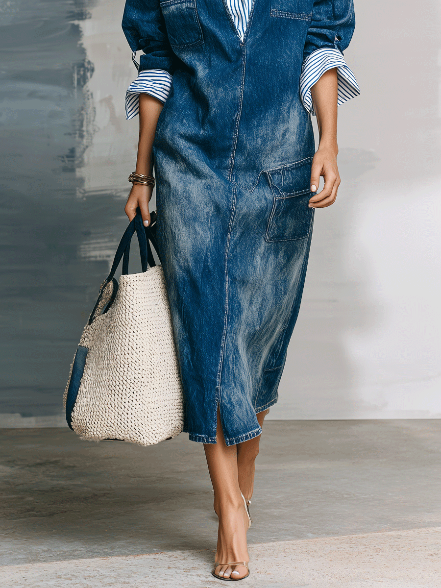 Effortless Washed Cotton Denim Loose-Fit Mid-Wash Denim Midi Dress