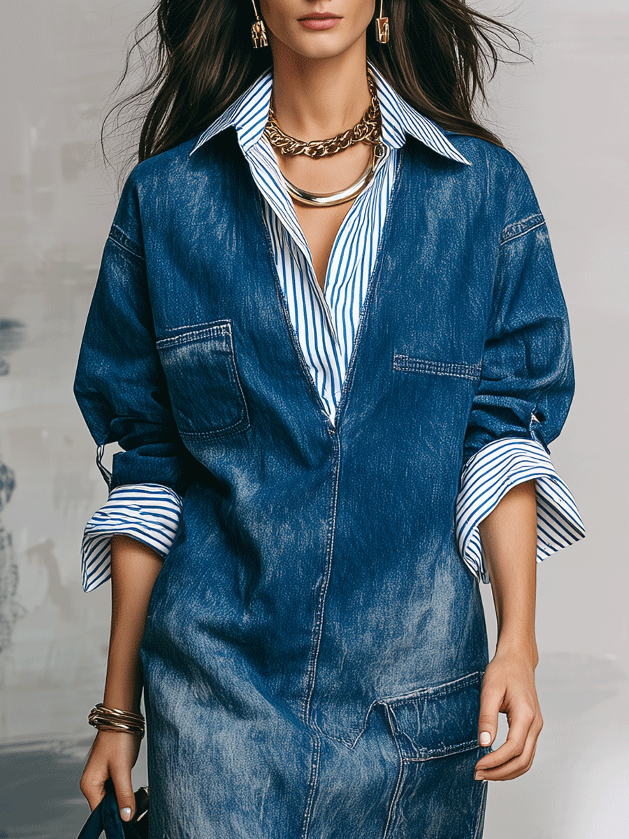 Effortless Washed Cotton Denim Loose-Fit Mid-Wash Denim Midi Dress