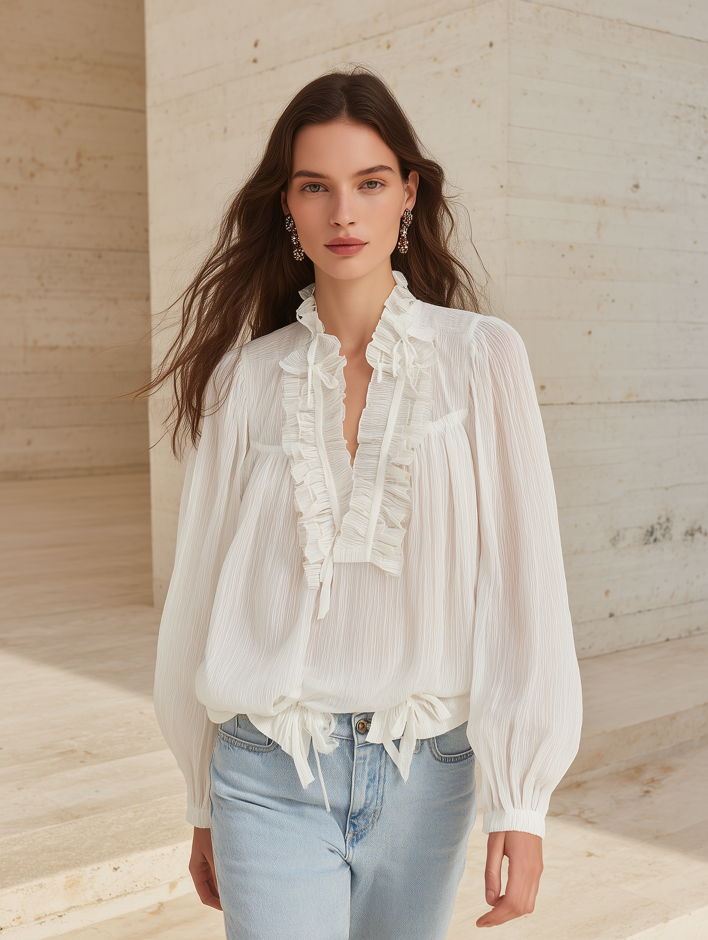 Women's V-Neck Ruffled Trim Lantern Sleeve Blouse with Tie Front