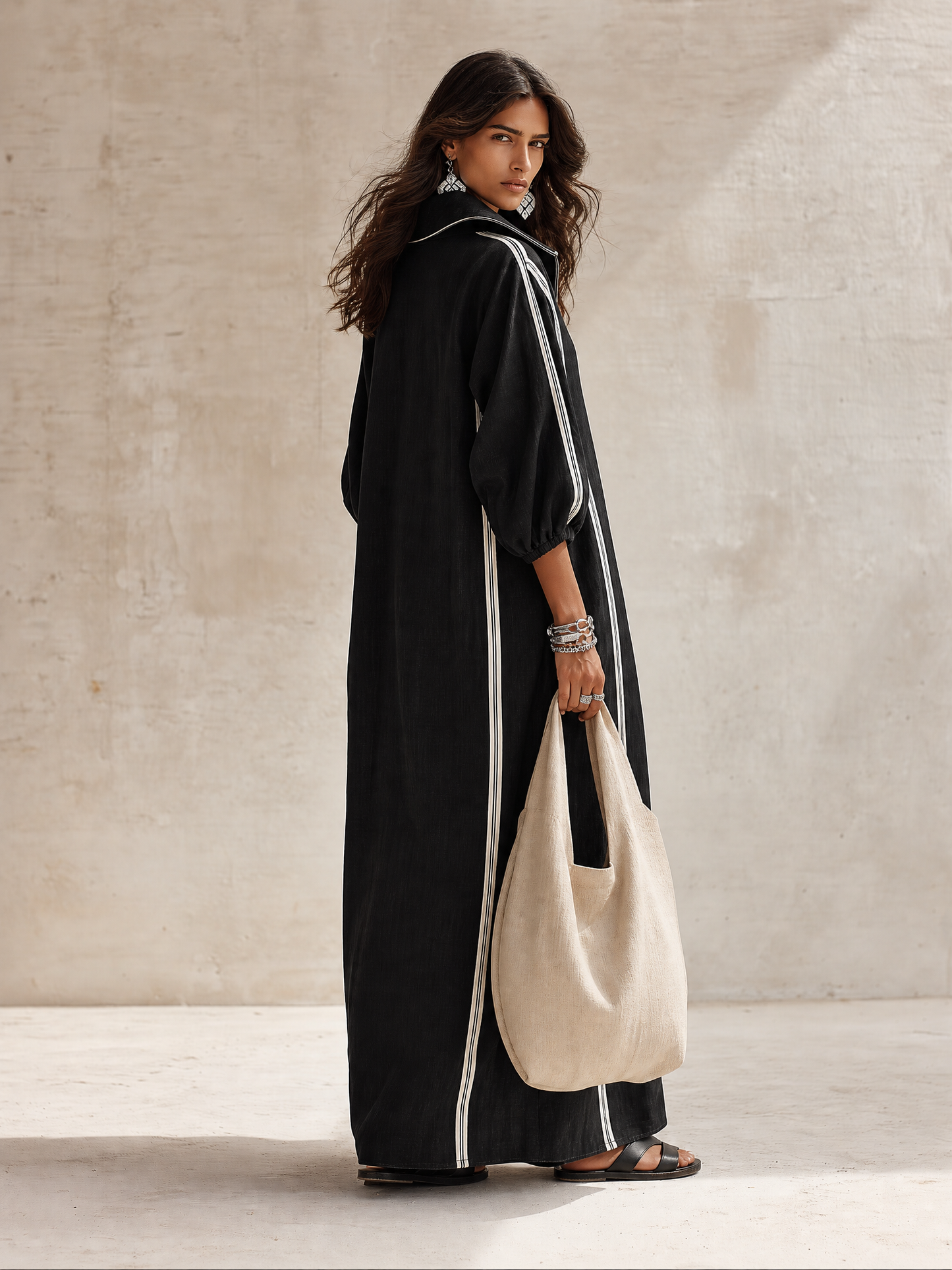 Women's Zip Collar Contrast Striped Long Sleeve Maxi Dress